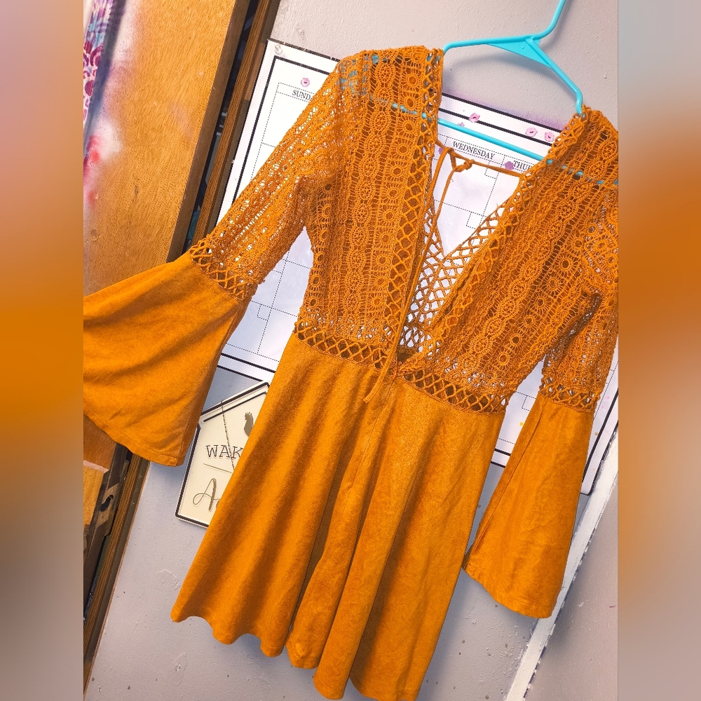 Boho Lace-Detail Orange Women's Dress